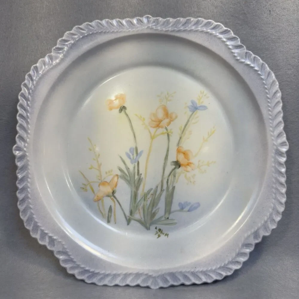 Vintage Hand Painted Porcelain Plates Floral Wildflower Iridescent Lustre Glaze